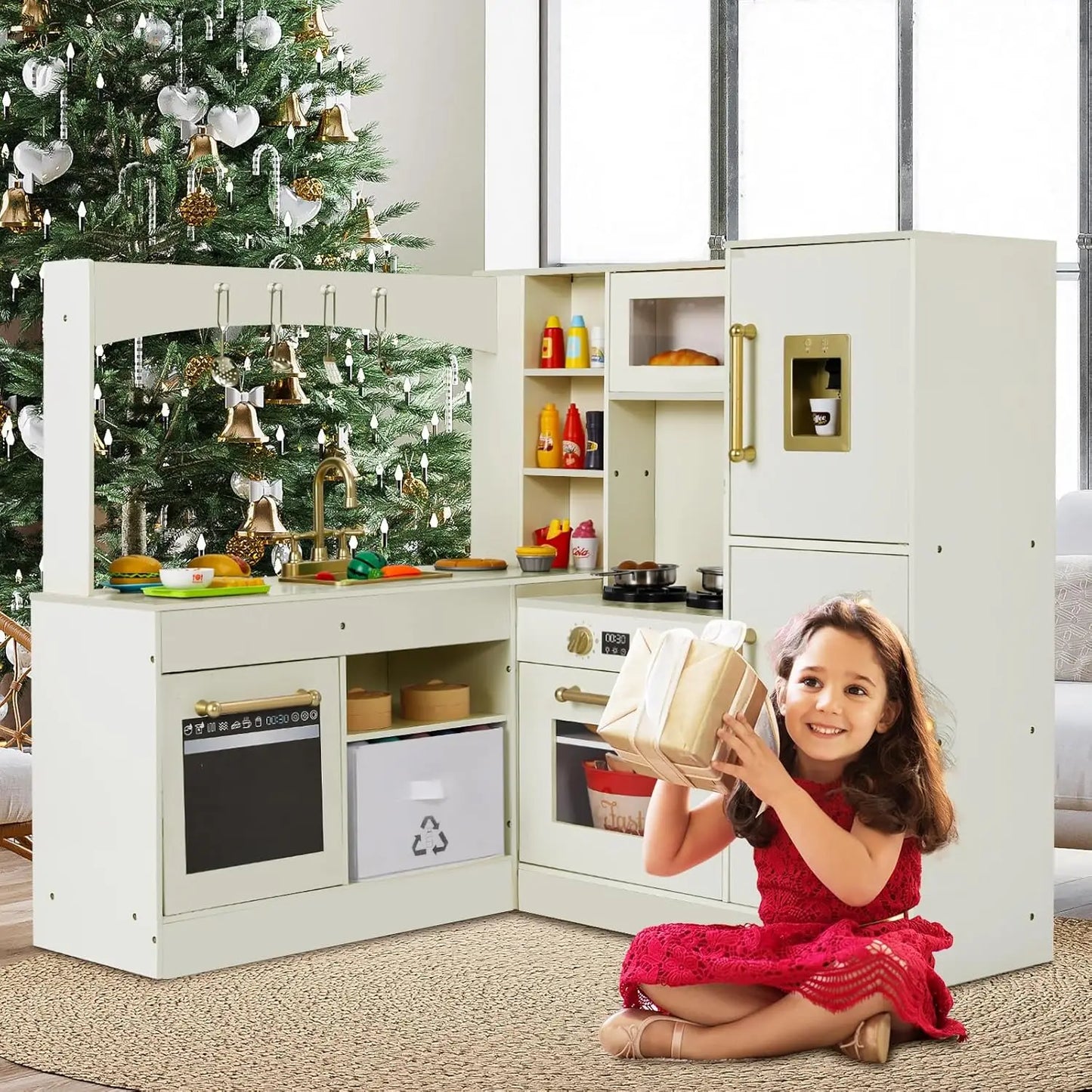 Corner Wooden Play Kitchen - Large Toddler Pretend Cooking Playset