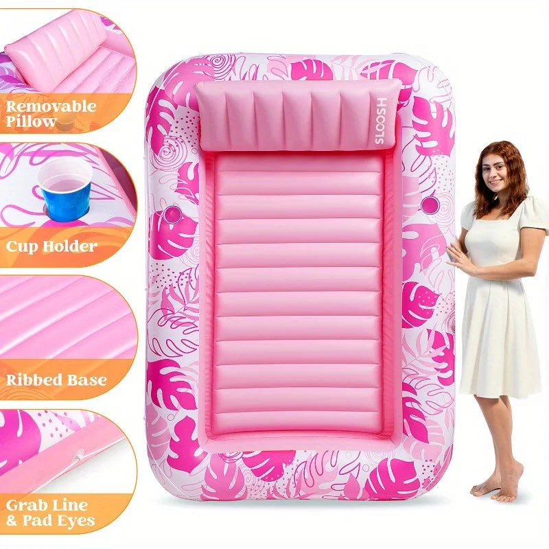 Inflatable Tanning Pool Lounger - Pink PVC Sunbathing Bed for Pools