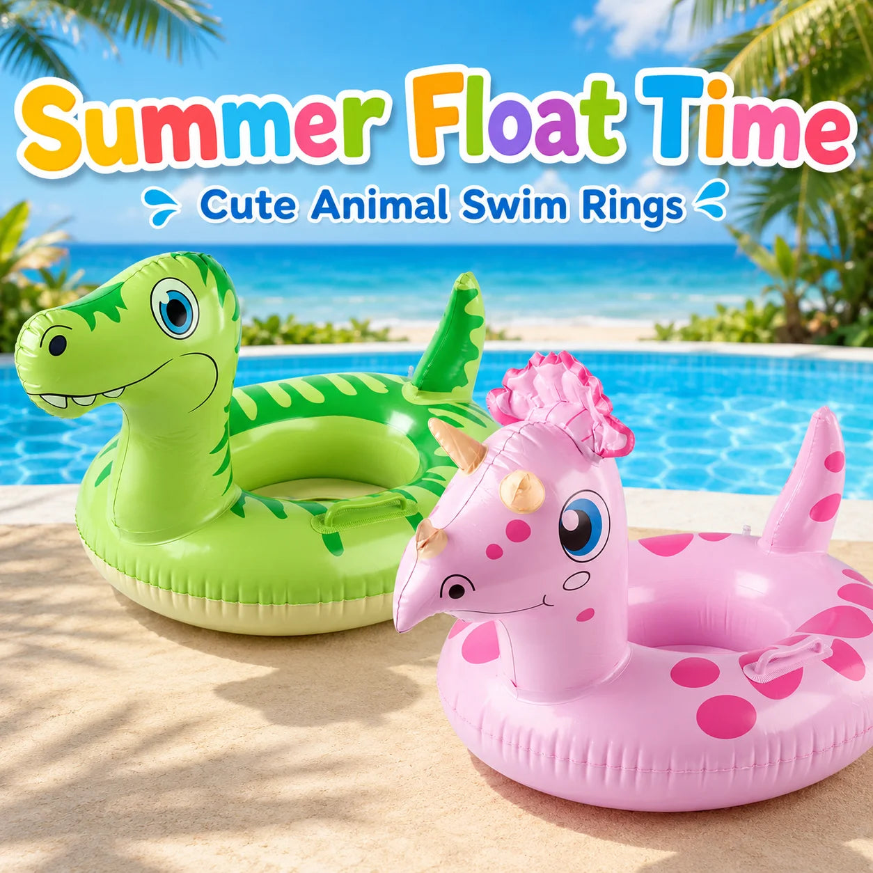 Inflatable Animal Pool Float Dinosaur & Unicorn Swim Ring with Handles