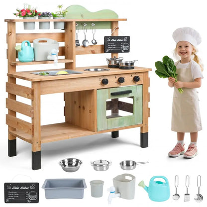 Wooden Outdoor Mud Kitchen Playset for Kids Backyard Garden
