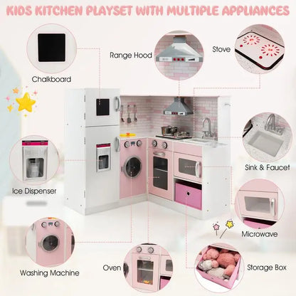 Wooden Corner Play Kitchen Set with Lights & Sounds for Toddlers