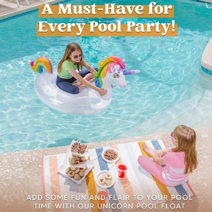 Inflatable Unicorn Pool Float - Rainbow Glitter Ride-On for Kids