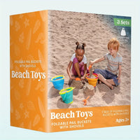 3 Pack Collapsible Beach Buckets with Shovels & Mesh Bag for Kids