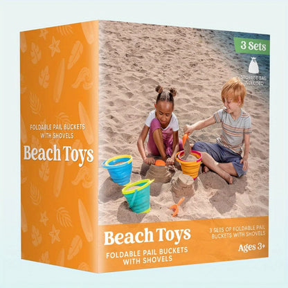 3 Pack Collapsible Beach Buckets with Shovels & Mesh Bag for Kids