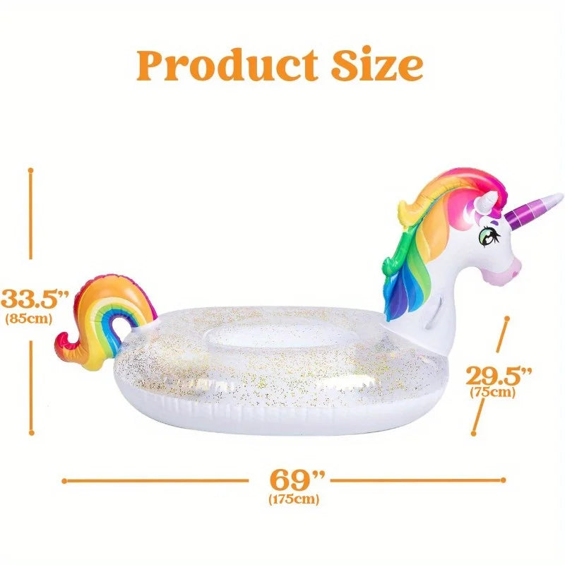 Inflatable Unicorn Pool Float - Rainbow Glitter Ride-On for Kids