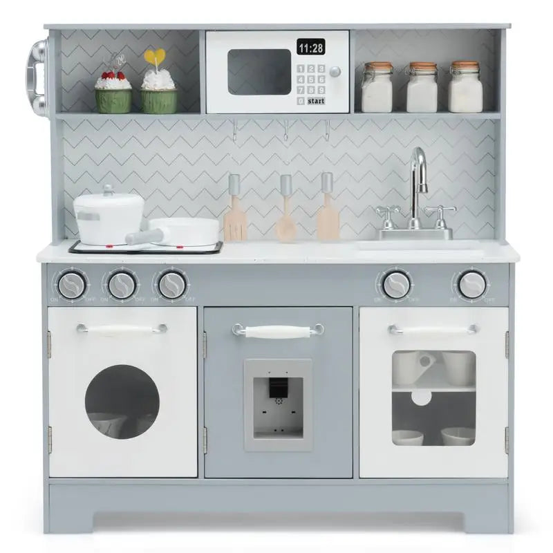 Wooden Kids Play Kitchen Set with Realistic Lights and Sounds