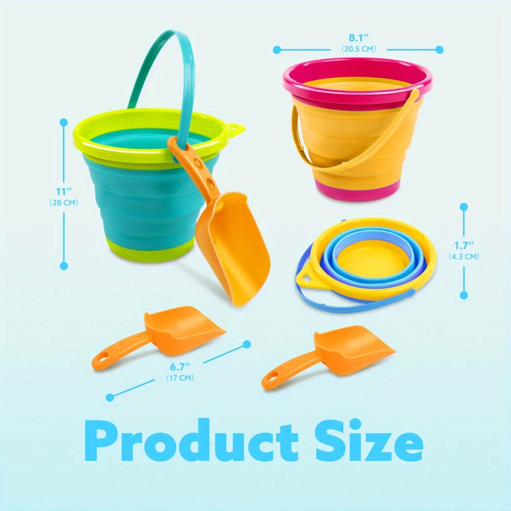 3 Pack Collapsible Beach Buckets with Shovels & Mesh Bag for Kids