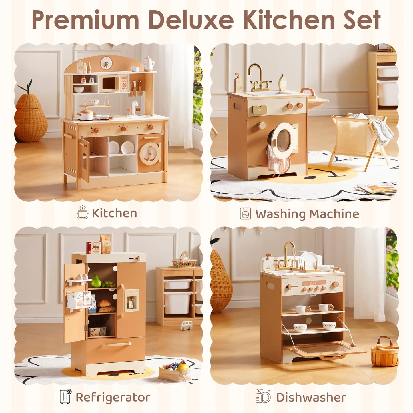 Wooden Play Kitchen Playset - Montessori Wood Toy for Kids