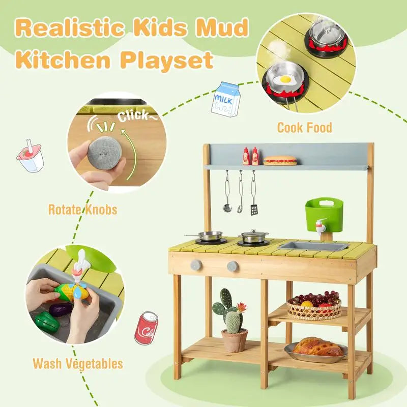 Kids Outdoor Wooden Play Kitchen - Solid Pine Backyard Mud Kitchen