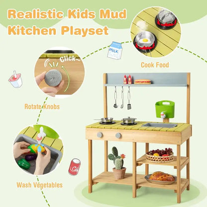 Kids Outdoor Wooden Play Kitchen - Solid Pine Backyard Mud Kitchen