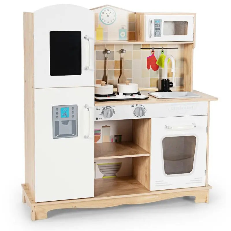 Kids Wooden Play Kitchen Set with Realistic Sounds & Accessories