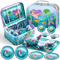 Kids Tin Tea Party Set - Mermaid & Unicorn Princess Pretend Play