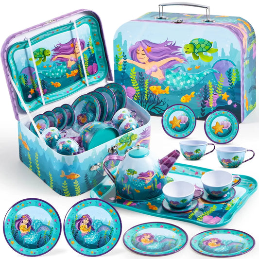 Kids Tin Tea Party Set - Mermaid & Unicorn Princess Pretend Play