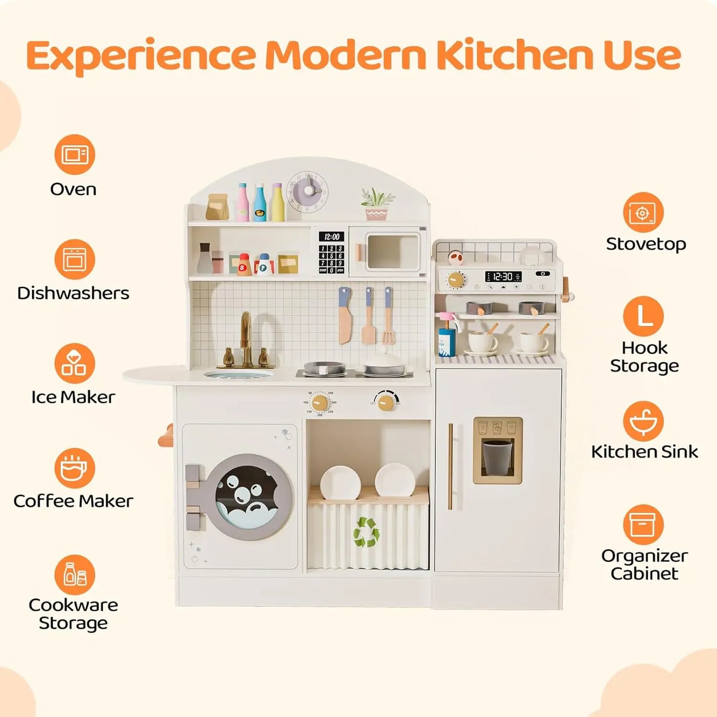 Wooden Play Kitchen with Coffee Machine - Cream & Gold Kids Toy Set