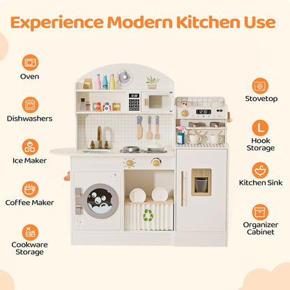 Wooden Play Kitchen with Coffee Machine - Cream & Gold Kids Toy Set