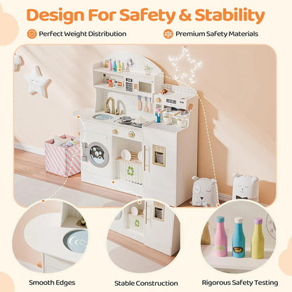 Wooden Play Kitchen with Coffee Machine - Cream & Gold Kids Toy Set
