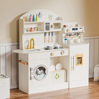 Wooden Play Kitchen with Coffee Machine - Cream & Gold Kids Toy Set