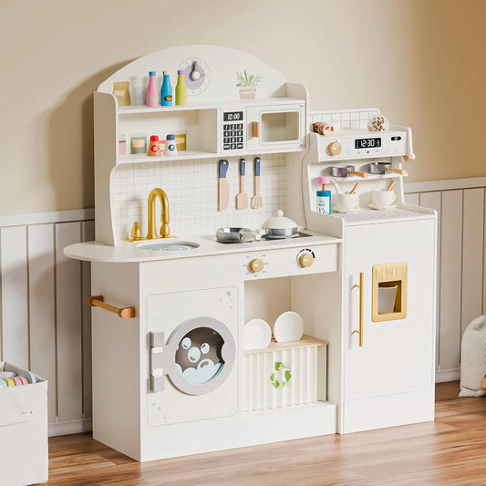 Wooden Play Kitchen with Coffee Machine - Cream & Gold Kids Toy Set