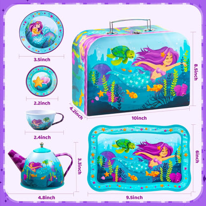 Kids Tin Tea Party Set - Mermaid & Unicorn Princess Pretend Play