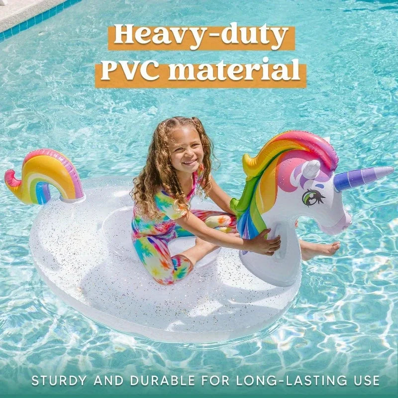 Inflatable Unicorn Pool Float - Rainbow Glitter Ride-On for Kids