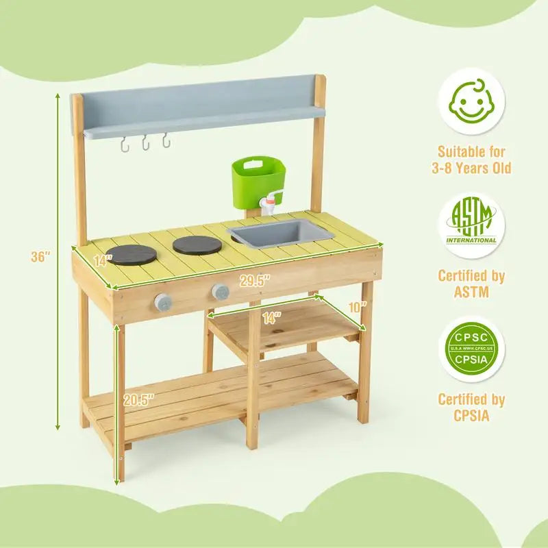 Kids Outdoor Wooden Play Kitchen - Solid Pine Backyard Mud Kitchen