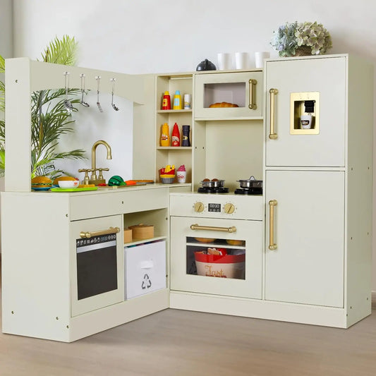 Corner Wooden Play Kitchen - Large Toddler Pretend Cooking Playset