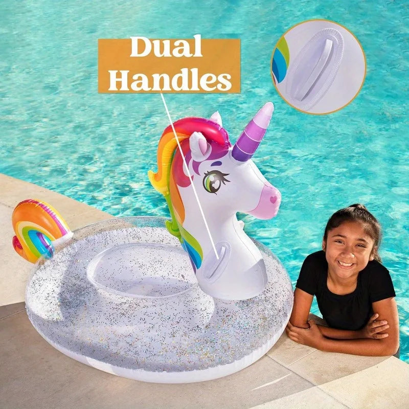 Inflatable Unicorn Pool Float - Rainbow Glitter Ride-On for Kids