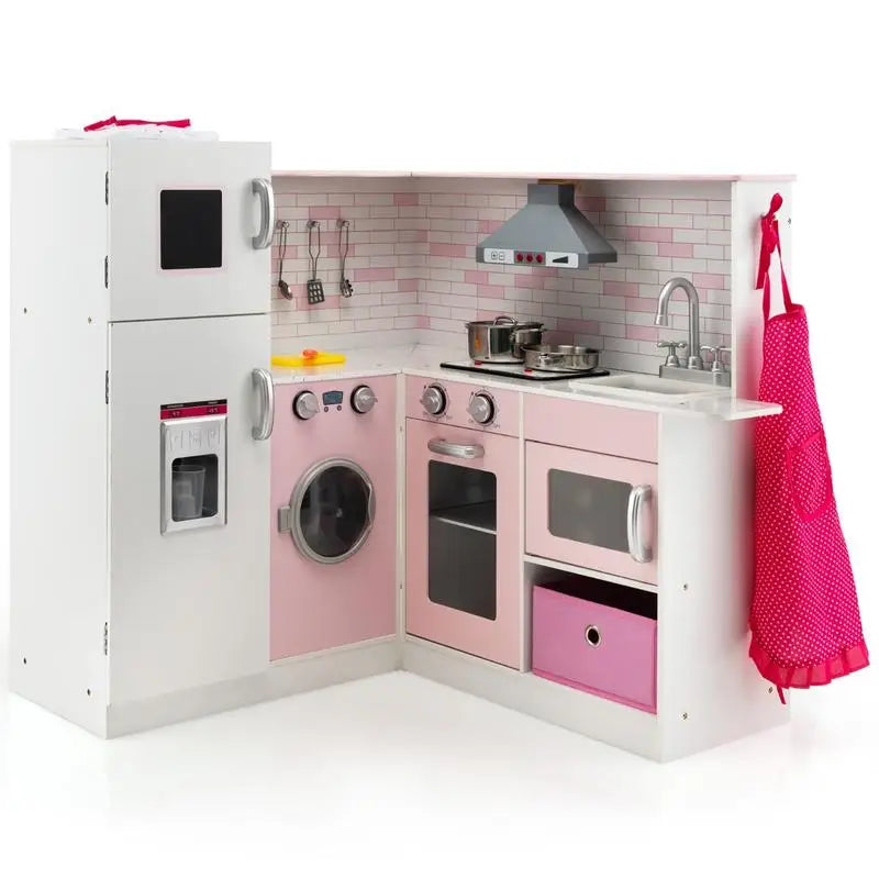 Wooden Corner Play Kitchen Set with Lights & Sounds for Toddlers