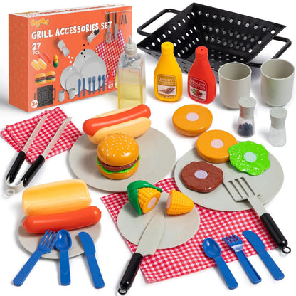 Kids BBQ Grill Toy Playset, 27-Piece Pretend Food Set for Toddlers