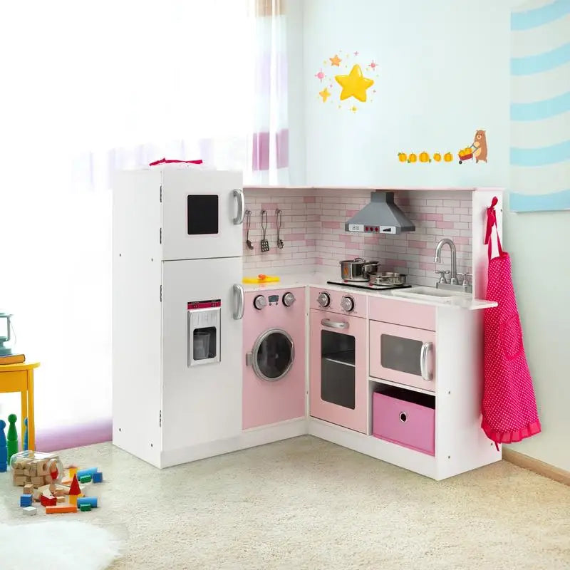 Wooden Corner Play Kitchen Set with Lights & Sounds for Toddlers