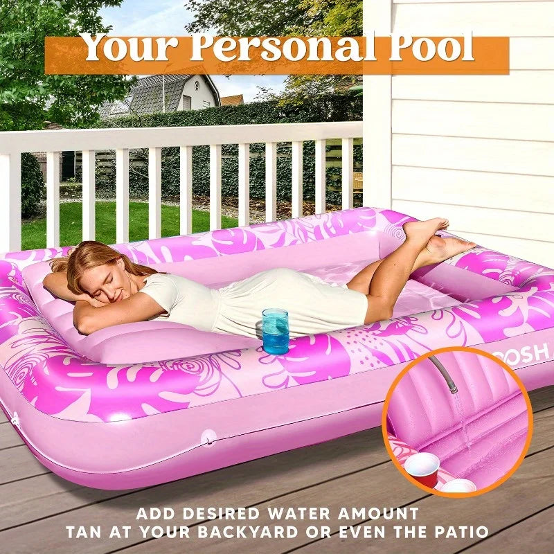 Inflatable Tanning Pool Lounger - Pink PVC Sunbathing Bed for Pools