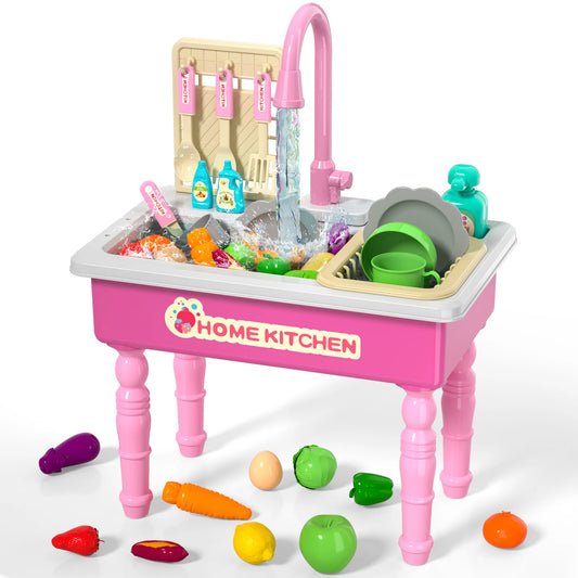 Kids Play Kitchen Sink Toy with Running Water & Automatic Cycle