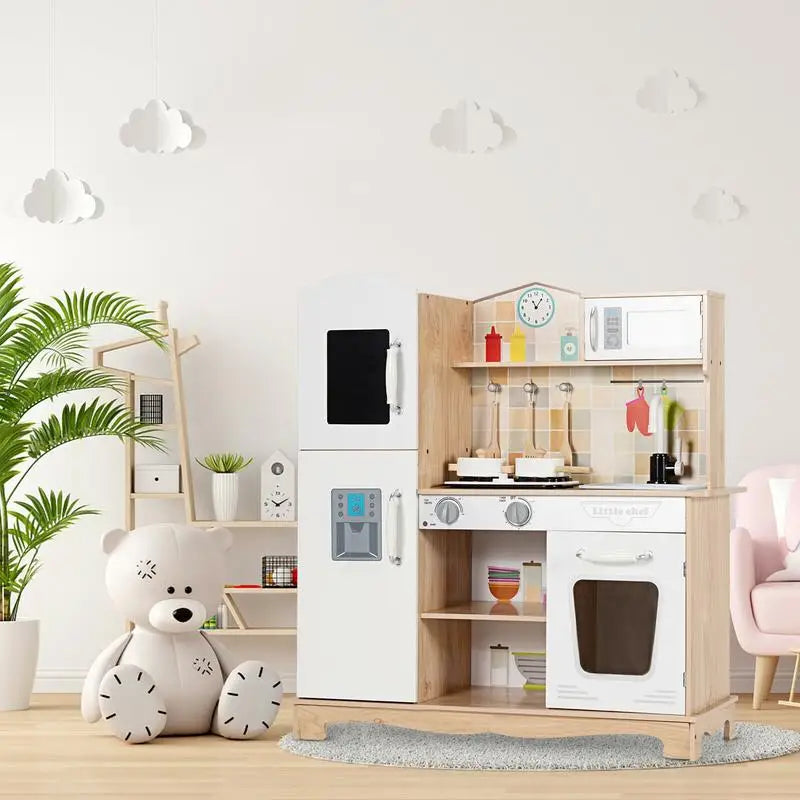Kids Wooden Play Kitchen Set with Realistic Sounds & Accessories