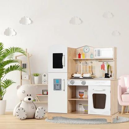 Kids Wooden Play Kitchen Set with Realistic Sounds & Accessories