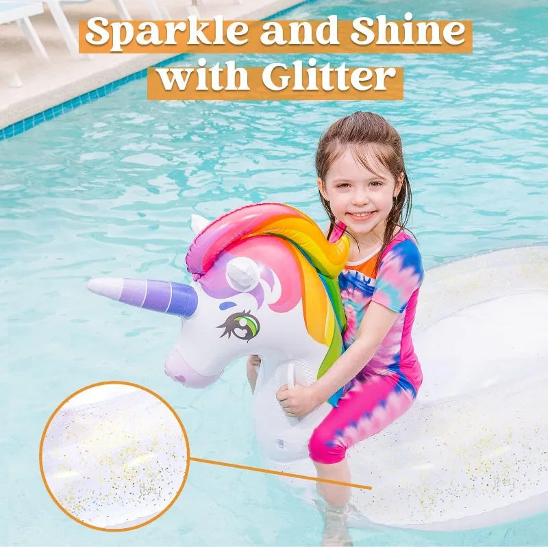 Inflatable Unicorn Pool Float - Rainbow Glitter Ride-On for Kids