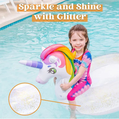 Inflatable Unicorn Pool Float - Rainbow Glitter Ride-On for Kids