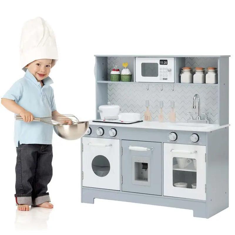 Wooden Kids Play Kitchen Set with Realistic Lights and Sounds