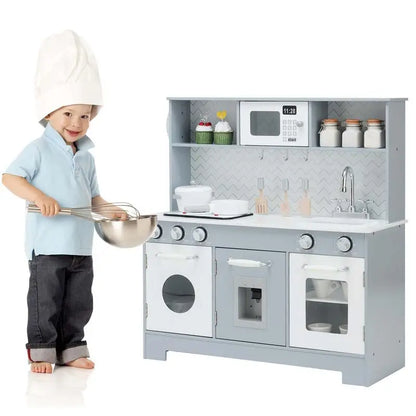 Wooden Kids Play Kitchen Set with Realistic Lights and Sounds