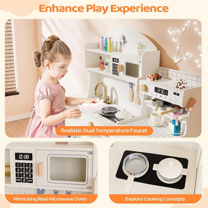 Wooden Play Kitchen with Coffee Machine - Cream & Gold Kids Toy Set