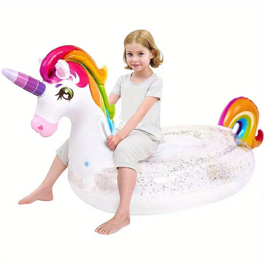 Inflatable Unicorn Pool Float - Rainbow Glitter Ride-On for Kids