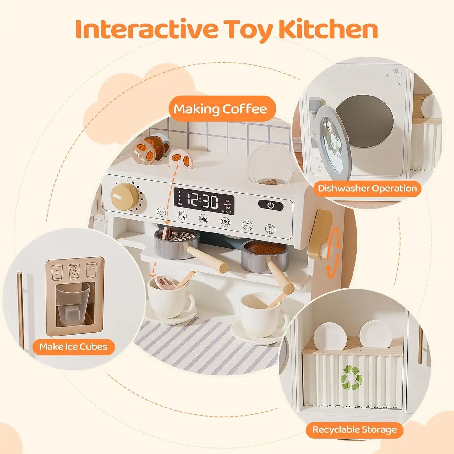 Wooden Play Kitchen with Coffee Machine - Cream & Gold Kids Toy Set