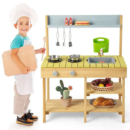 Kids Outdoor Wooden Play Kitchen - Solid Pine Backyard Mud Kitchen