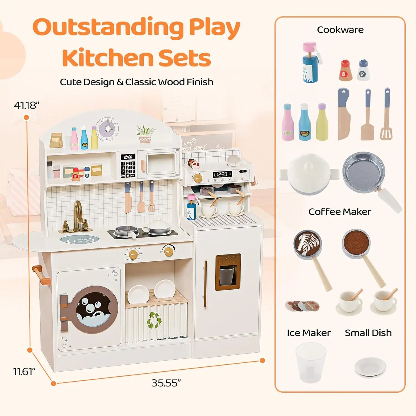 Wooden Play Kitchen with Coffee Machine - Cream & Gold Kids Toy Set