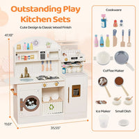 Wooden Play Kitchen with Coffee Machine - Cream & Gold Kids Toy Set