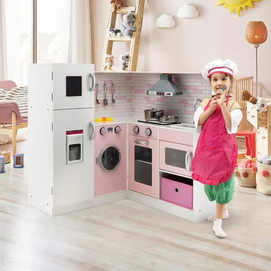 Wooden Corner Play Kitchen Set with Lights & Sounds for Toddlers