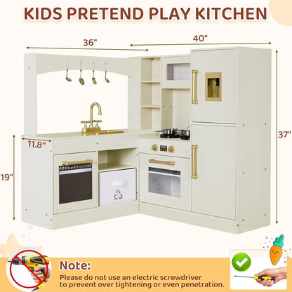 Corner Wooden Play Kitchen - Large Toddler Pretend Cooking Playset