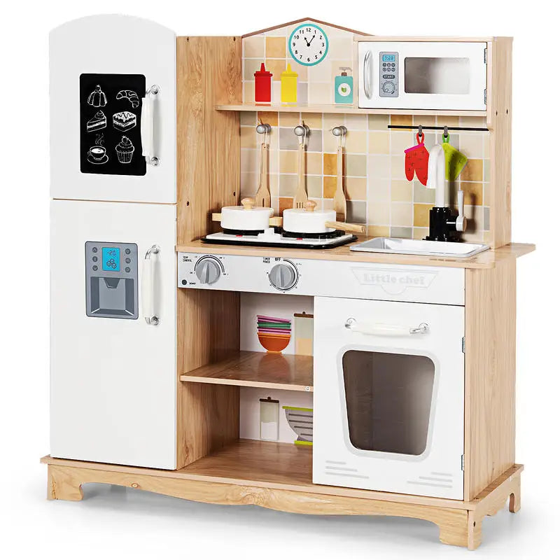 Kids Wooden Play Kitchen Set with Realistic Sounds & Accessories