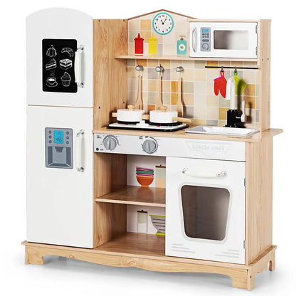 Kids Wooden Play Kitchen Set with Realistic Sounds & Accessories