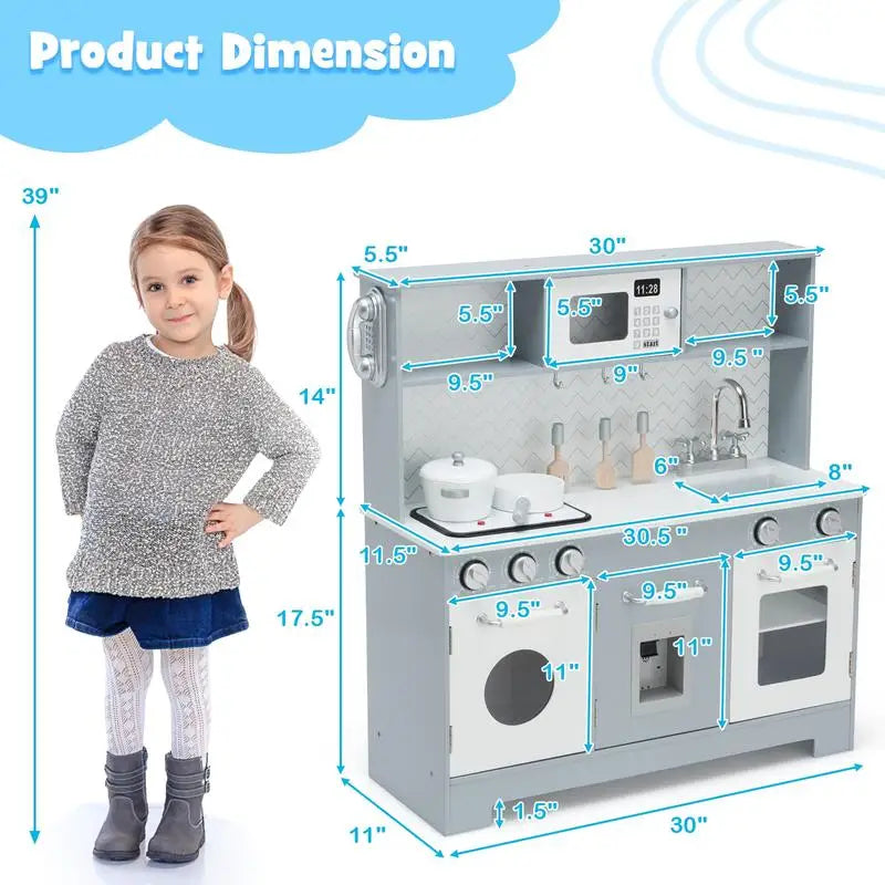 Wooden Kids Play Kitchen Set with Realistic Lights and Sounds