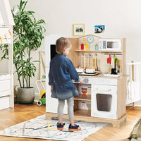 Kids Wooden Play Kitchen Set with Realistic Sounds & Accessories